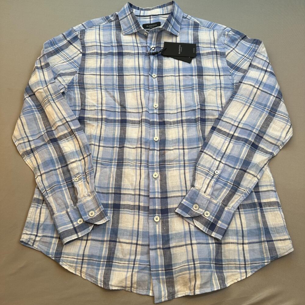 Bugatchi Shirt Mens Medium Blue Plaid Linen Shaped Fit Preppy Career Office
